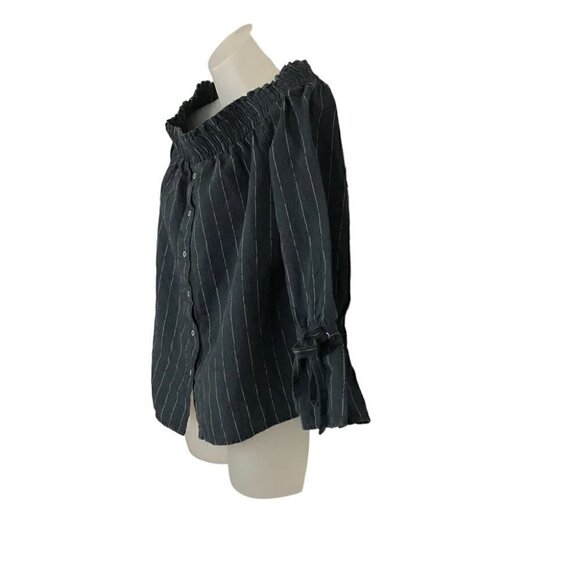 LUCKY Brand Navy Blue With White Stripes  Linen Cotton Mix Top Size M - Picture 5 of 8